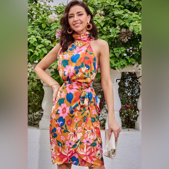 JJ’s House Floral Print Halter High Neck Bodycon Satin Mini Dress plus size 2X - Picture 1 of 4